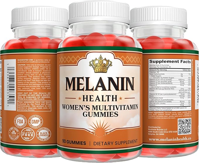Melanin Health Women's Multivitamin Gummies – Immune Energy &amp Hair Skin Nails Support – Vitamins A C D3 E B6 B12 Biotin Zinc – Berry Flavor Non-GMO Gluten Free – 90 Gummies (45-Day Suppl