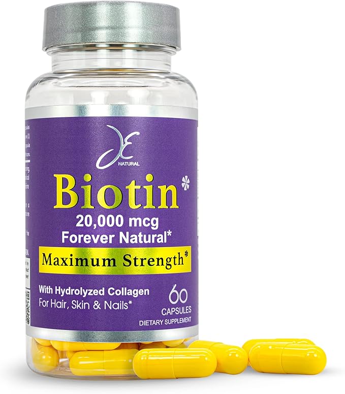 JE Natural Biotin Hair Skin and Nails Vitamins Vitamin C Biotin and Collagen Supplements That Make Hair Grow Faster and Longer for All Ages 60 Capsules of Biotin 20000mcg Maximum Strength.