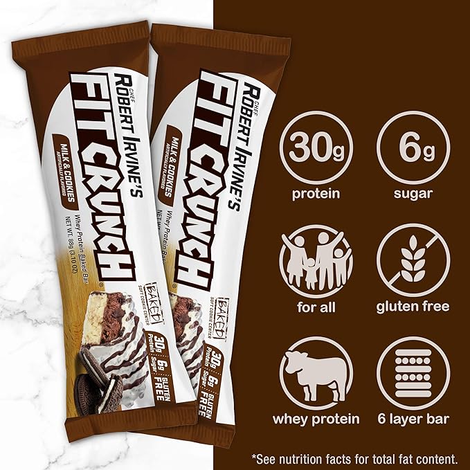 FITCRUNCH Full Size Protein Bars 6-Layer Baked Bar 8g of Sugar Gluten Free &amp Soft Cake Core (12 Bars Milk and Cookies)