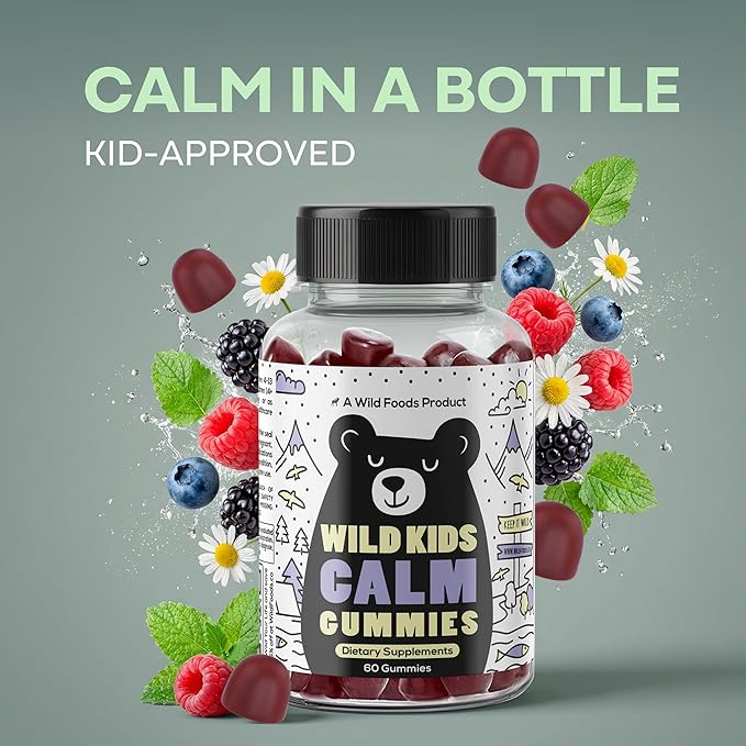Wild Foods Kids Calm Gummies - Ashwagandha Gummies for Kids w/GABA L-Theanine Lemon Balm &amp Charmomile - Support Natural Relaxation Stress Relief &amp Sleep for Children 4+ Berry Flavor 60 C