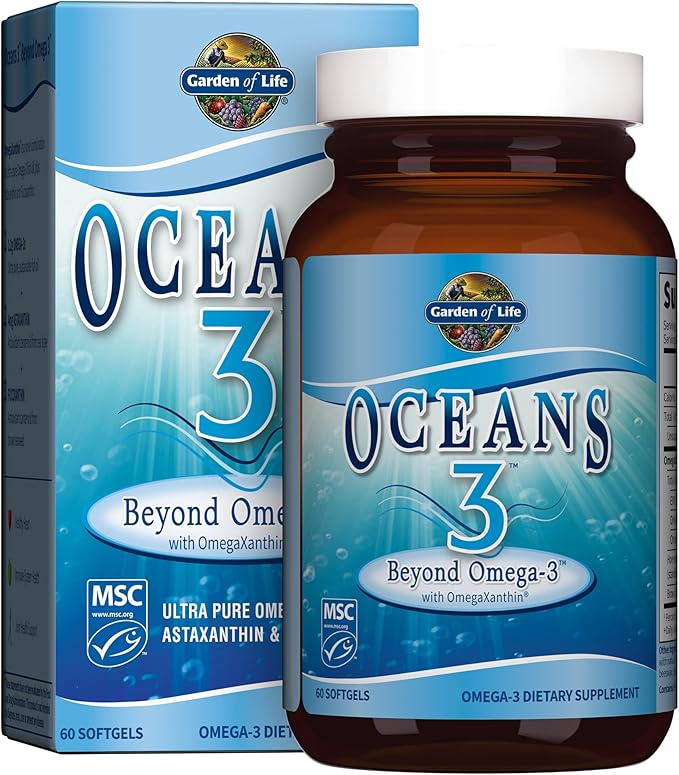 Garden of Life Oceans 3 Beyond Omega-3 with OmegaXanthin EPA DHA Supplements Fish Oil with 1200 mg Omega 3 Astaxanthin &amp Brown Seaweed Extract - 60 Softgels