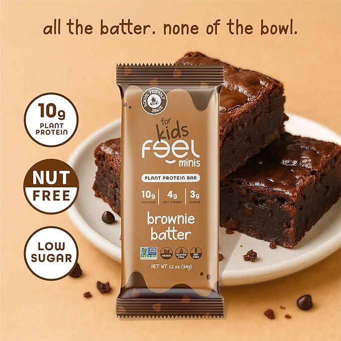 Feel Bar Minis – Kids Protein Bars | Brownie Batter – 12 Pack | 10g Plant Protein | 100 Calories | No Added Sugar | + Daily Veggies | Gluten Free No Nuts No Soy No Dairy No Grains