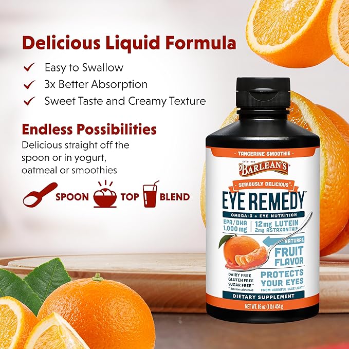 Barlean's Eye Remedy Supplement Tangerine Flavored Fish Oil Liquid with Lutein Astaxanthin and Zeaxanthin1000mg Omega 3 EPA DHA Eye Care Supplements 16 oz