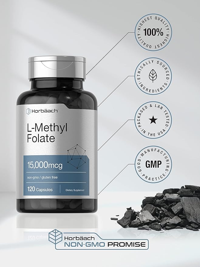 Horbäach L Methylfolate 15000 mcg | 120 Capsules | 15mg Methyl Folate | 5-MTHF | Non-GMO Gluten Free Supplement