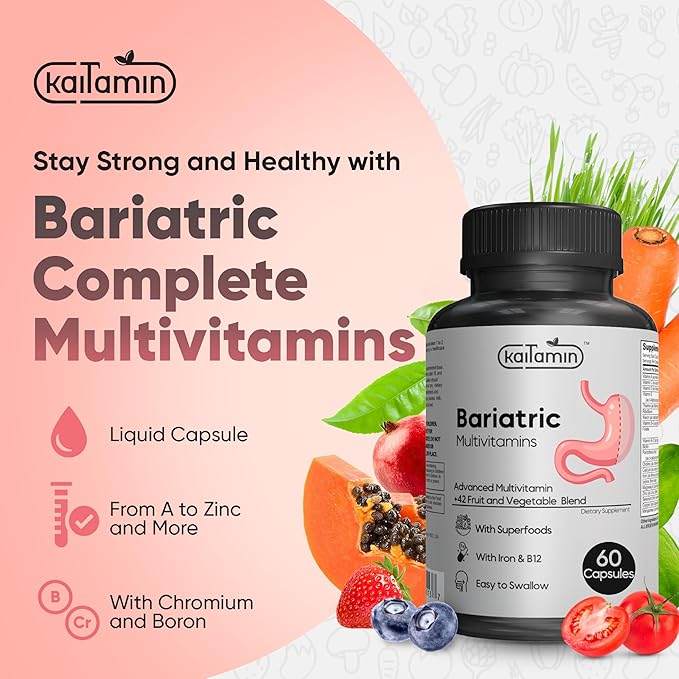 Bariatric Multivitamin with Iron - Easy-to-Swallow Capsule for Post Bariatric Surgery - Post Sleeve and Post Bypass with 42 Fruit &amp Veggies Blend - 60 + 120 Liquid Capsules