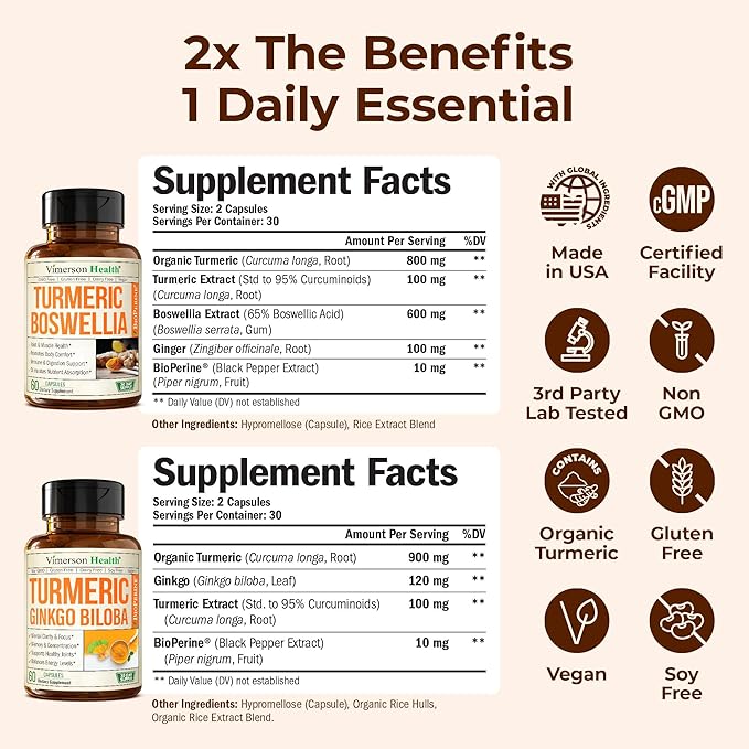 Boswellia Turmeric Curcumin Supplement + Turmeric Ginkgo Biloba Bundle – Natural Turmeric Supplement for Focus Memory Joint &amp Brain Health – with Ginger Root Curcuma Black pepper &amp Organic