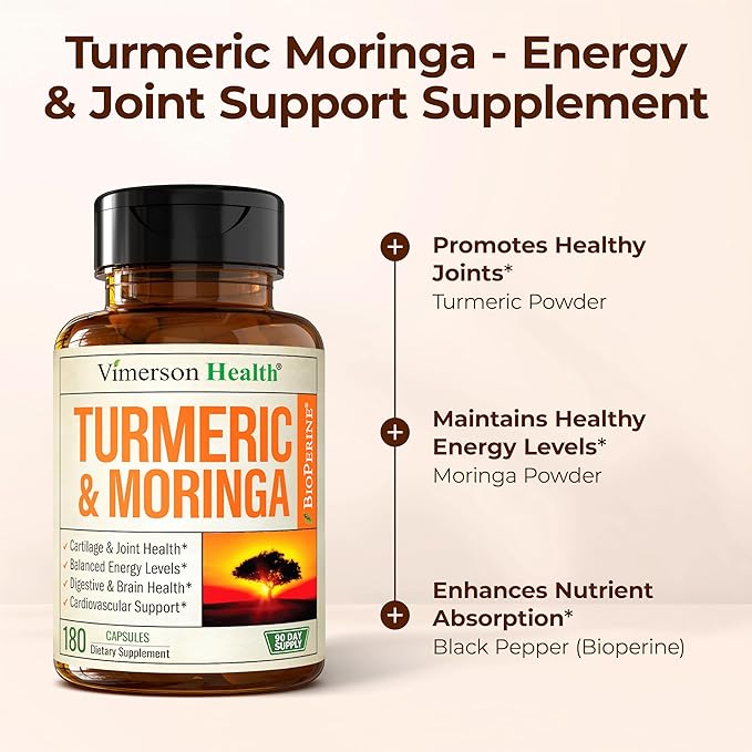 Moringa Turmeric Curcumin Supplement for Joint Health Gut Health Energy &amp Immune Support – Turmeric Curcumin with Black Pepper – Total Wellness Formula with Tumeric Moringa Pure Capsules – 180 C