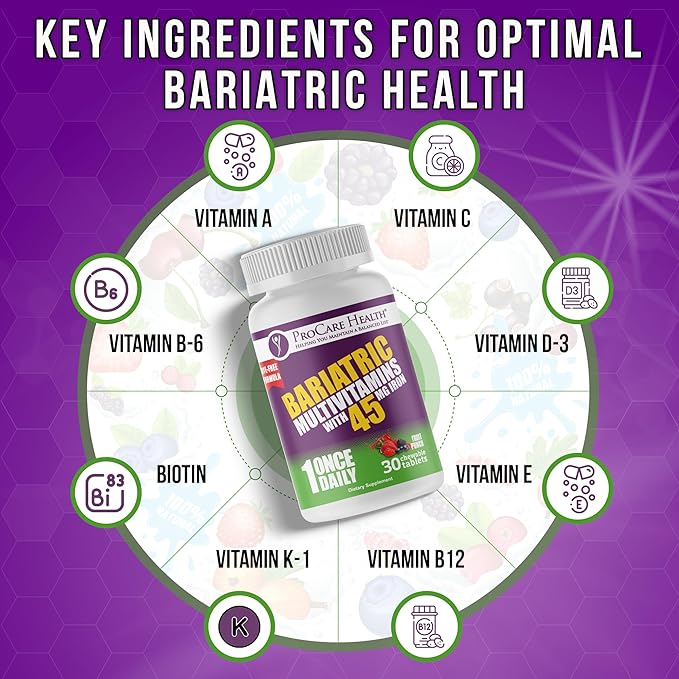 Procare Health Bariatric Multivitamin with Iron 45mg Chewable (30 Tablets) - Fruit Punch Flavor Bariatric Multivitamin Chewable Pills for Gastric Bypass &amp Sleeve Gastrectomy Patients (01 Month Sup
