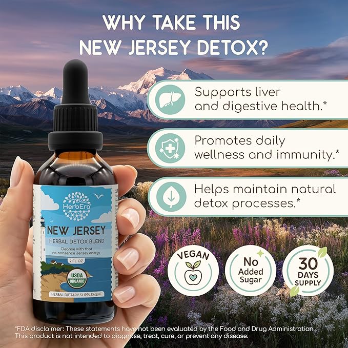HerbEra New Jersey Herbal Detox Blend - USDA Organic Extract Made in USA | Immune &amp Liver Support Liquid Drops | Astragalus Dandelion Root Ginger Milk Thistle Chaparral | 2 fl oz