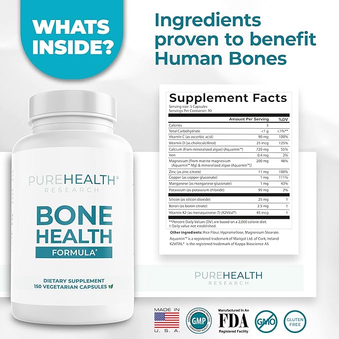 PUREHEALTH RESEARCH Bone Health Formula Calcium &amp Magnesium Supplement - with Iron Zinc Copper Vitamin D C K2 &amp More - Bone &amp Joints Vitamins for Women &amp Men 150 Capsules