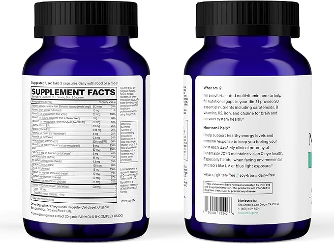 Ora Organic Plant Based Multivitamin for Women and Men Bluelight Protection - Brain Eye Energy Immune Skin Hair Heart and Bone Health Support 60 Vegan Capsules