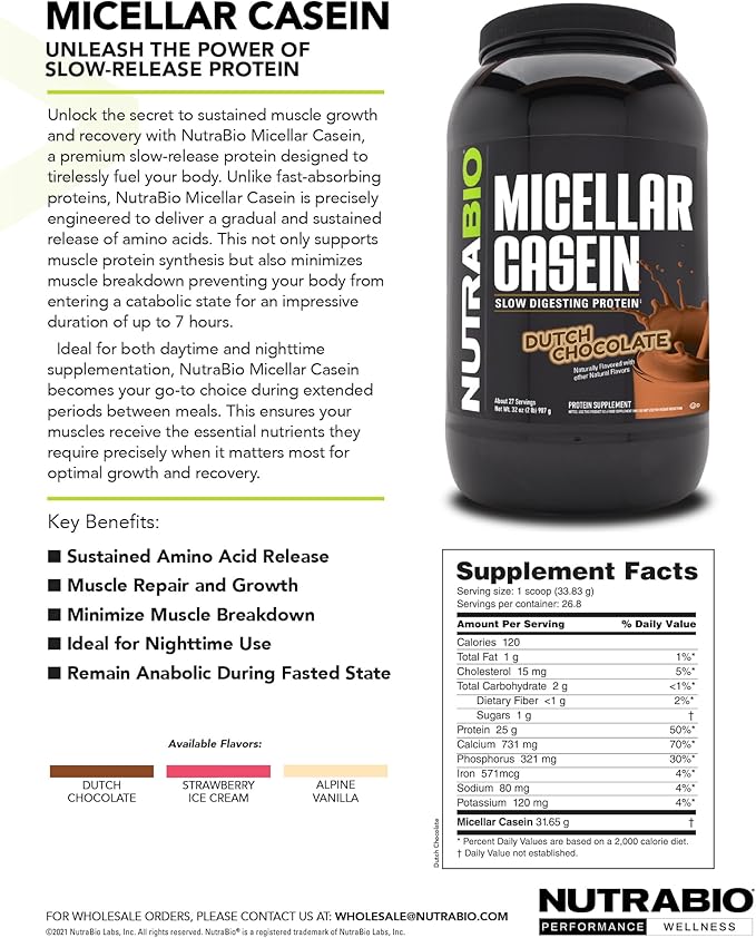 NutraBio Casein Protein Powder Micellar Casien Powder 25g Slow Digesting Protein Helps Keep You Full Overnight Muscle Recovery &amp Growth BCAA &amp EAA Gluten Free Soy Free 2lb Vanilla