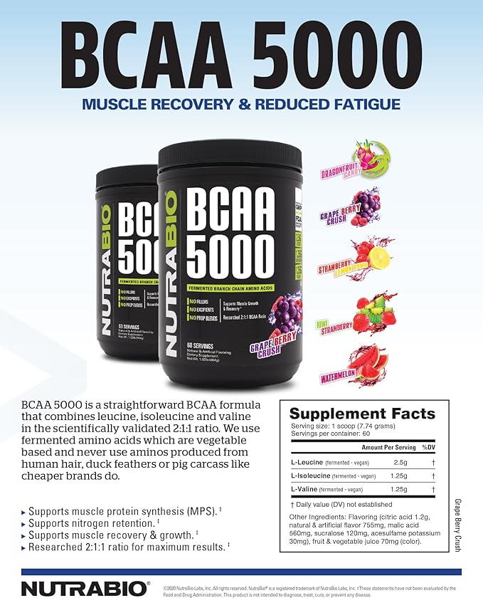 NutraBio BCAA 5000 Powder - Vegan Fermented BCAAs - Supports Lean Muscle Growth Recovery Endurance - 60 Servings - Kiwi Strawberry