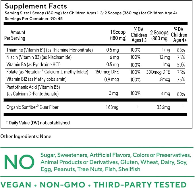 Tasteless B Complex Powder for Kids- B1 B3 B5 B6 Methylfolate and Methyl B12. No Sweeteners Flavors Colors or Preservatives. Add to Beverages or Food.