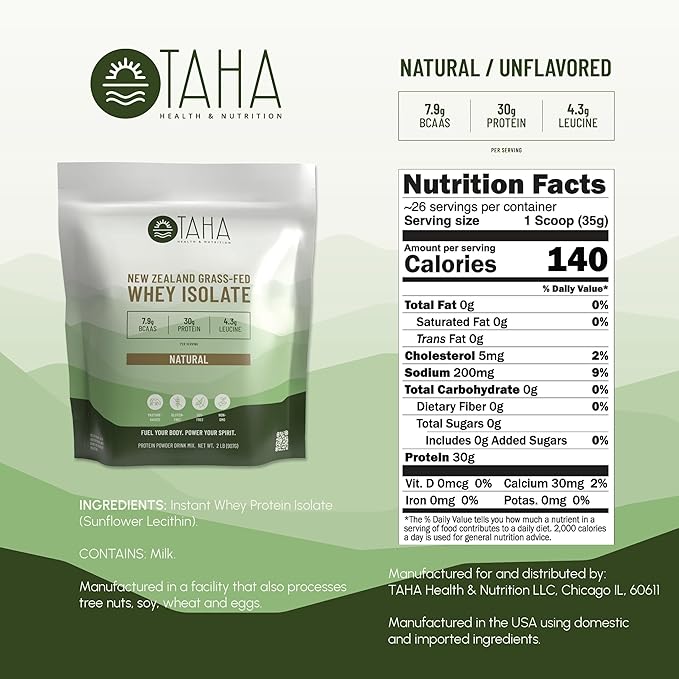 Taha Health &amp Nutrition Natural Unflavored Whey Protein Isolate 30g Protein 7.9g BCAAs 4.3g Leucine | New Zealand Grass-Fed Free-Range Dairy | Gluten &amp Soy Free Keto Kosher | 2LB ~26 Se