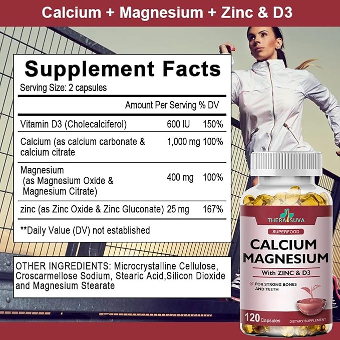 Extra Strength Calcium 1000mg + Magnesium 400mg + D3 + Zinc Complex Supplement for Bone and Immune Health 2 Month Supply 120 Softgels