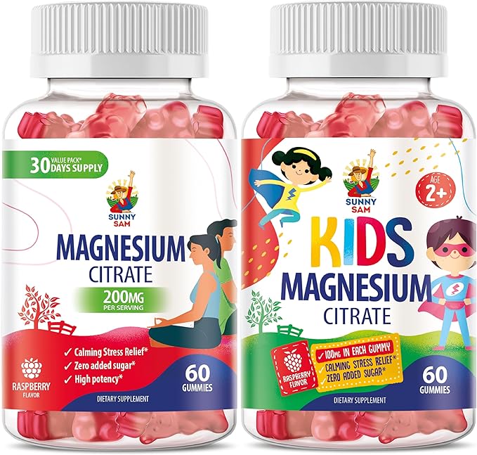 SUNNY SAM Magnesium Gummies for Kids &amp Adults - 200mg - Calm Magnesium Chews - Magnesium Citrate Chewable Supplement for Mood &amp Muscle Support
