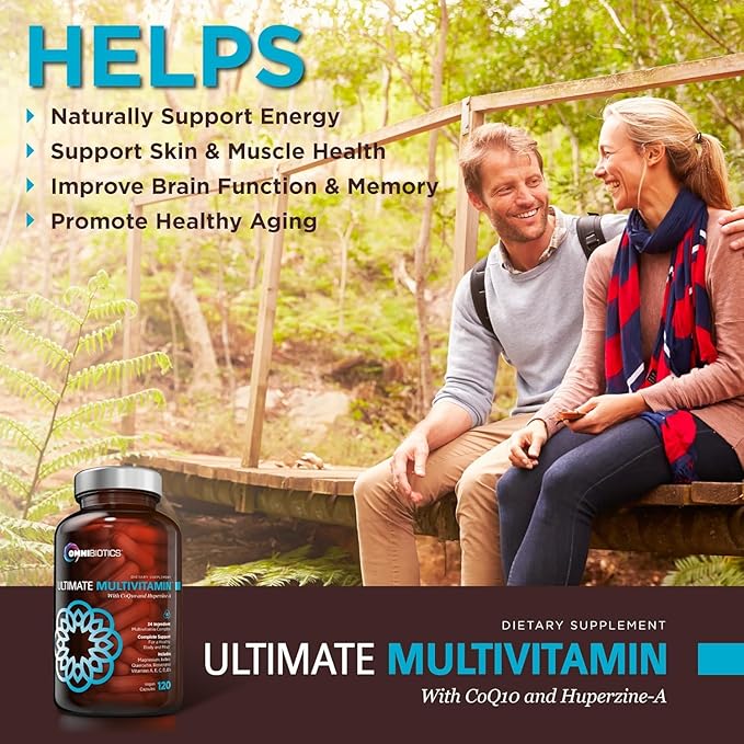 OmniBiotics Ultimate Daily Multivitamin for Women &amp Men – 34 Essential Ingredients Including Vitamin A C D E B6 B12 Biotin Zinc – 120 Vegan Capsules