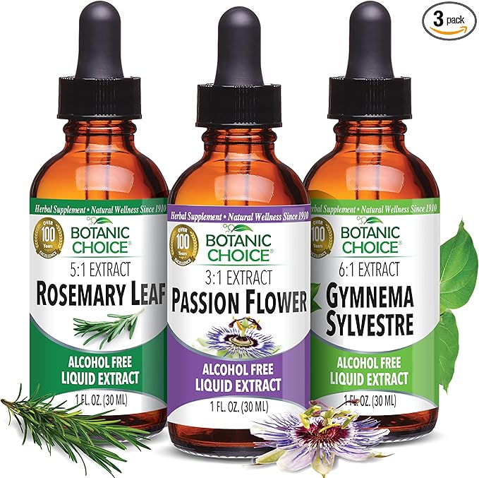 Botanic Choice Passion Flower Rosemary Leaf &amp Gymnema Sylvestre Extracts Bundle – Daily Overall Wellness Kit for Overall Wellbeing (1 fl. Oz. Each)