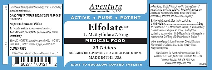ELFOLATE® 7.5mg 3 Pack L-Methylfolate Methyl Folate Methylfolate Medical Food Supplement Professional Strength Active Pure Potent 30 Tablets