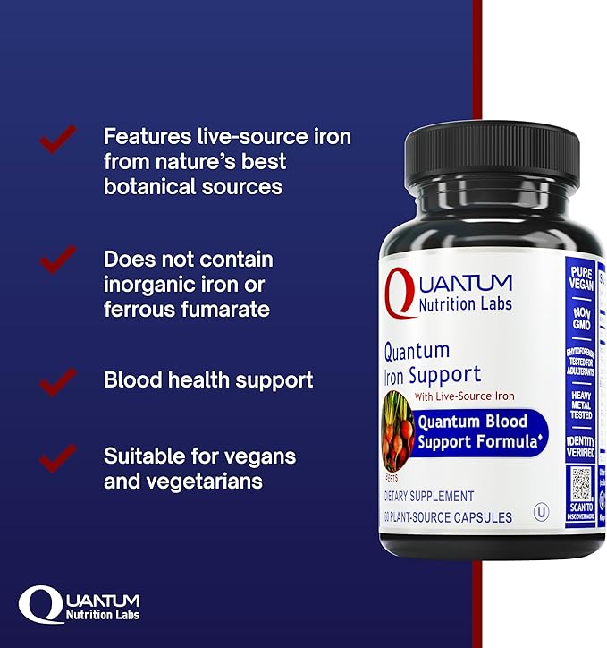 Quantum Nutrition Labs Iron Support - Iron Supplement for Women and Men Vegan Iron Supplements Low Dose Gentle Iron Naturally Sourced to Support Healthy Blood - 60 Vegetarian Capsules