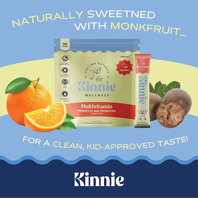 Kids Multivitamin with Pre/Probiotic &amp Organic Superfoods for Kids - 22+ Vitamins &amp Minerals - Sugar-Free Orange Flavor - Immune Gut &amp Oral Health Support - Ages 4+ (30 Sticks)