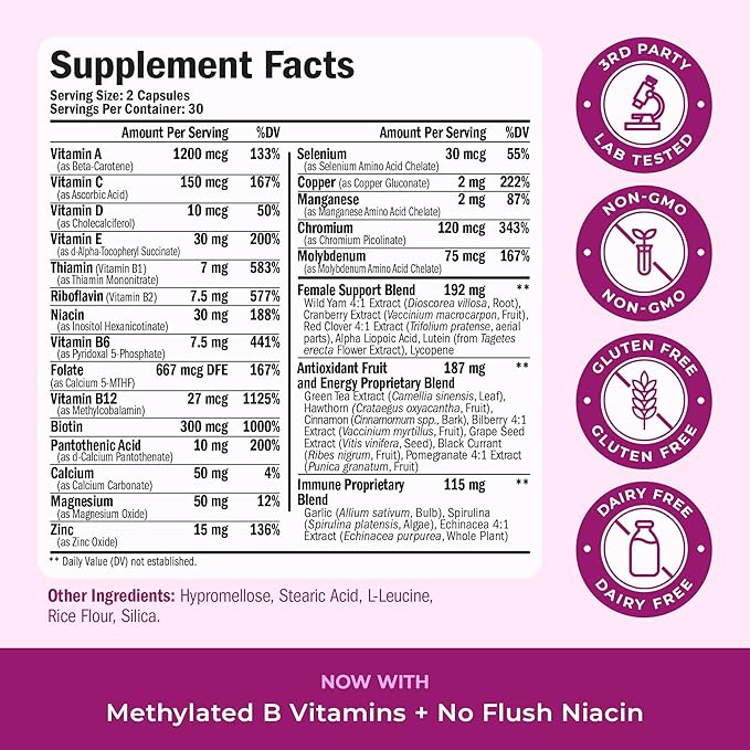 Multivitamin for Women with Methylated Vitamins and Chelated Minerals for Energy Focus and Immune Health – Premium Daily Womens Multivitamins &amp Multiminerals – 60 Capsules