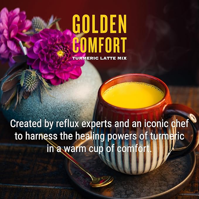 REFLUX GOURMET Golden Comfort Focus Blend–Natural Reflux Relief &amp Cognitive Boost–Turmeric Latte with Lion’s Mane Turkey Tail Red Reishi Chaga and Cordyceps–Max Absorption Curcuminoids–14 ct