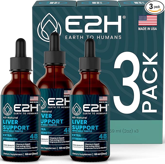 E2H Liver Support Supplement with Milk Thistle - Liver Cleanse Detox &amp Repair - Artichoke Extract Dandelion Root Chanca Piedra and More - Absorbent Liquid Formula (3 Bottles)