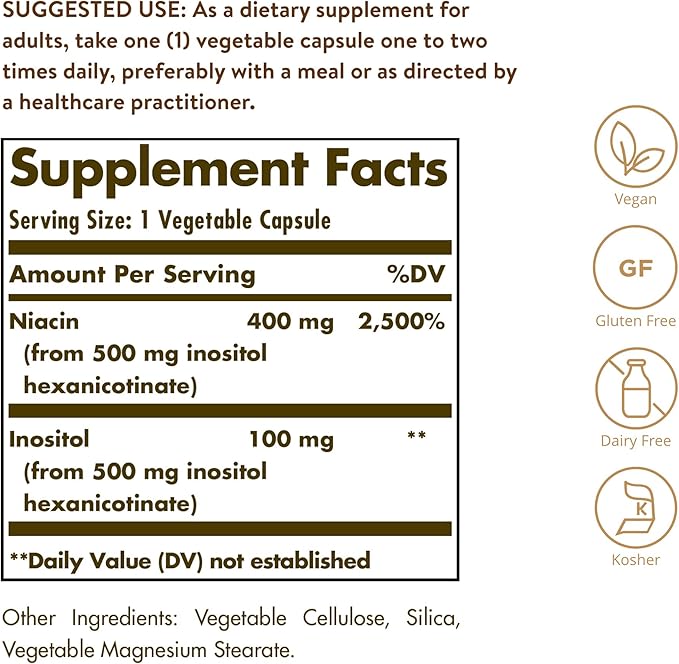 Solgar No-Flush Niacin 500 mg 250 Vegetable Capsules - Supports Energy Metabolism - No-Flush Delivery - Vegan Gluten Free Dairy Free Kosher - 250 Servings