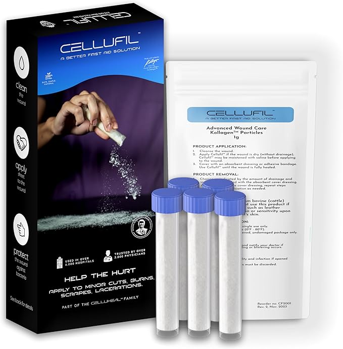 Cellufil Collagen Particles for Advanced Wound Care - Box of 5 Vials - 100% Non-Hydrolyzed Bovine Collagen for Tissue Regeneration First Aid &amp Minor Bleeding