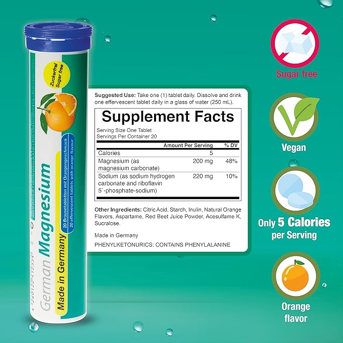 German Magnesium Oxide Supplement | Effervescent Tablets | Orange Flavor – 200 mg Magnesium per Serving | Sugar Free Vegan – T&ampD Pharma – Made in Germany