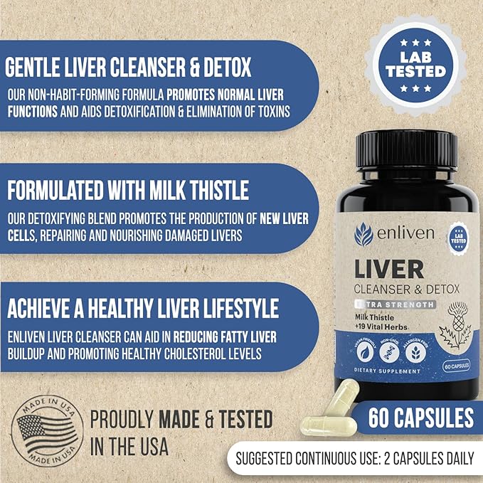 enliven Liver Cleanse Detox &amp Repair Capsules | Natural Liver Support with Milk Thistle Dandelion &amp Artichoke | Promotes Liver Health &amp Digestion | Non-GMO Herbal Supplement | 60 Capsules