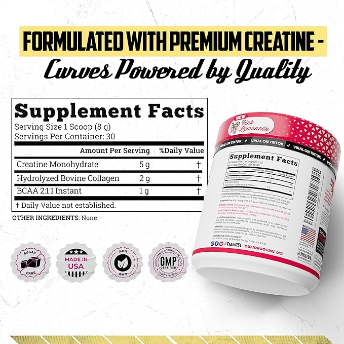 Old School Labs 5g Creatine Monohydrate Powder with Collagen &amp BCAA ∣ Women's Post-Workout Formula for Muscle Repair &amp Recovery Energy &amp Lean Muscle Support 30 Servings Pink Lemonade