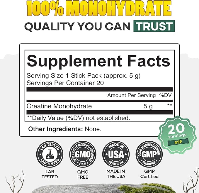Wild Foods 100% Creatine Monohydrate Powder Packets - 20 Packets - for Brain &amp Performance – Pure Creatine Travel Packs for Men &amp Women USA Made– 5g Creatina Per Serving