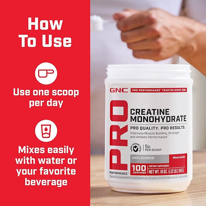 GNC Pro Performance Creatine Monohydrate Powder for Women &amp Men 5g Creatine Per Serving Muscle Building Energy Production Endurance Performance 100 Servings