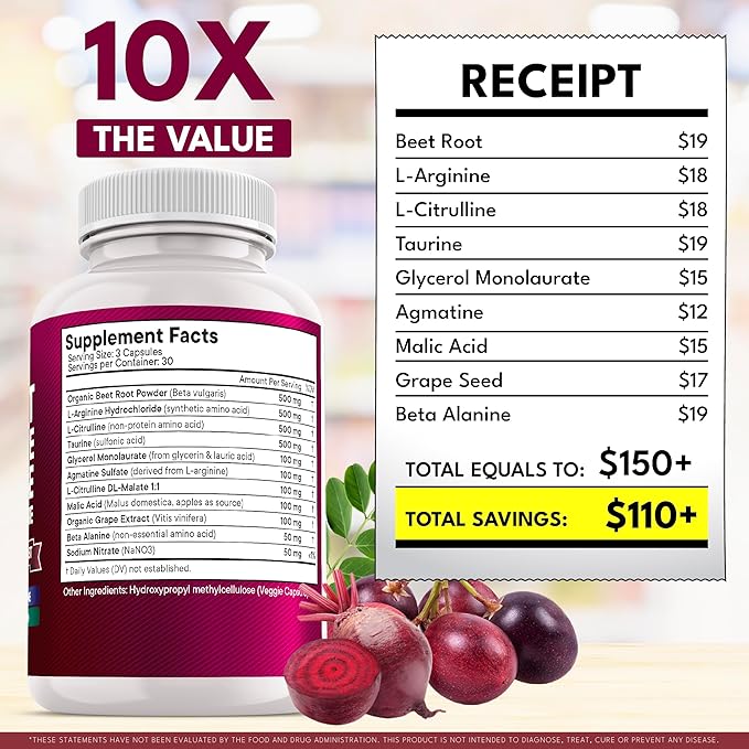 NEW AGE Beet Root Capsules - L Arginine L Citrulline Nitric Oxide Beetroot Powder Arginine Citrulline Supplement – 180 Vegan Capsules