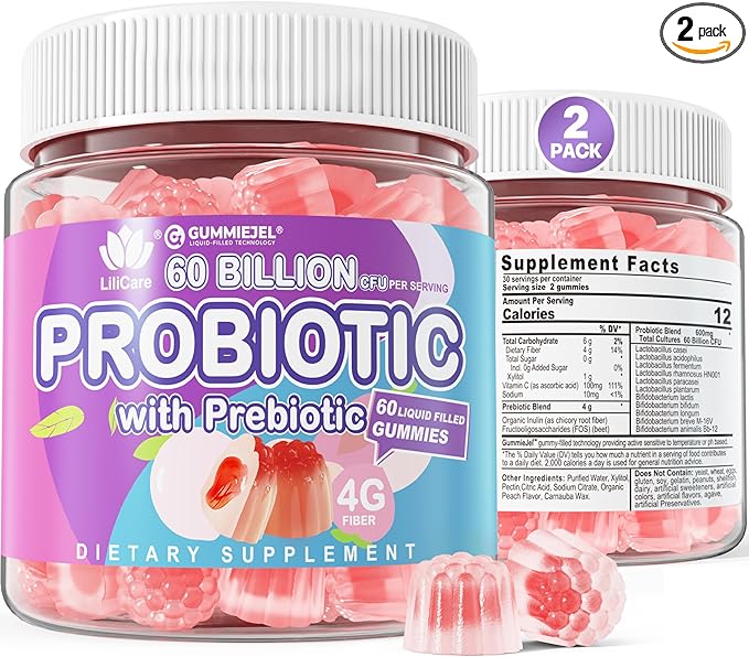 Probiotic Gummies for Women Men 60 Billion CFU Probiotics + Prebiotics Gummy Sugar Free 11 Strains for Digestive Health Supports Constipation Diarrhea Gas &amp Bloating - Peach Flavor Vegan 12