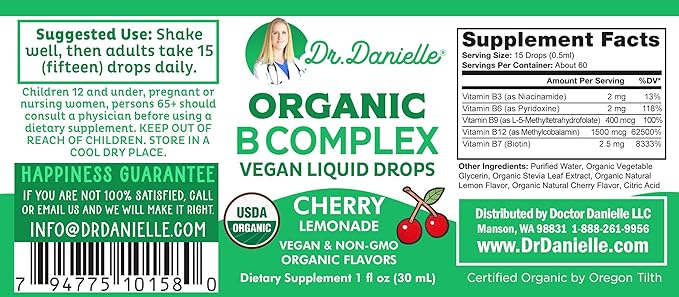 Organic Vitamin B Complex Liquid Drops | B Vitamins Complex Supplement with B3 B6 B7 B9 &amp Methyl B12 Drops for Adults &amp Kids | Vegan Cherry Flavor 1oz | 60 Servings / 2 Month Supply