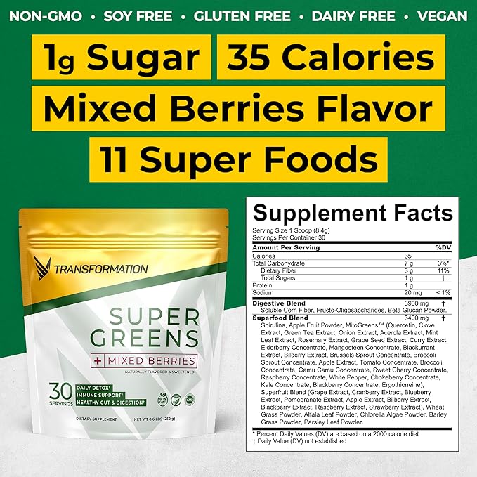 Transformation Super Greens Superfood Green Juice Powder - Immune &amp Energy Support | Natural Ingredients | Detoxifying &amp Alkalizing Minerals - Spirulina Chlorella Wheatgrass Spinach Alfalf