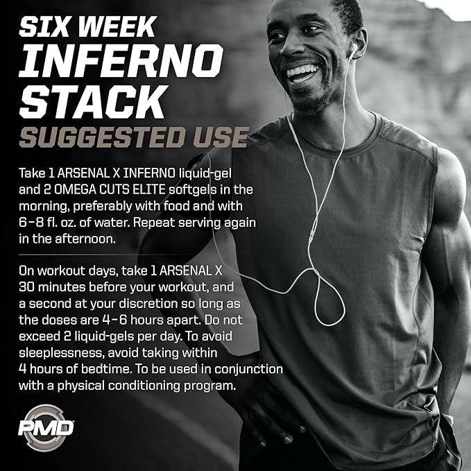 PMD Sports Six Week Inferno Stack - Maximum Strength Fat Burner and CLA Omega Fatty Acid to Lose Fat Fast and Increase Muscle Tone - Arsenal X Inferno/120 Liquid Gels Omega Cuts Elite/180 Softgels