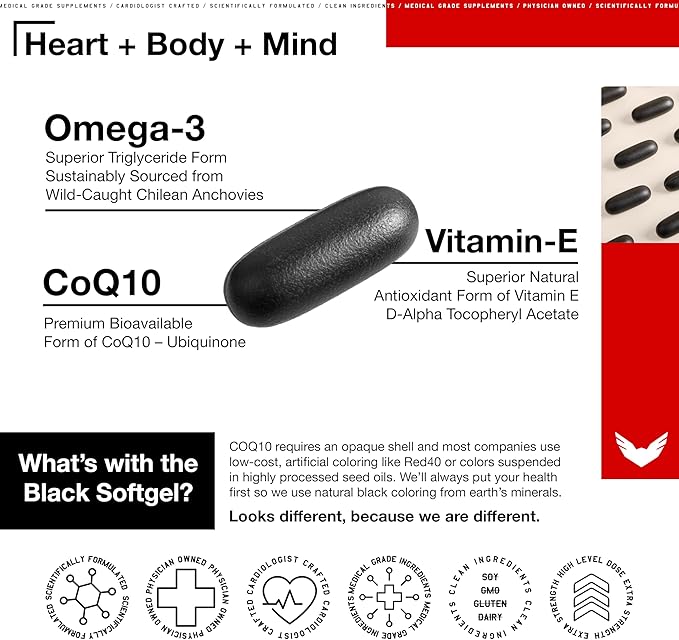 High Level Science CoQ10 Omega-3 Vitamin E - Cardiologist Formulated for Heart + Body + Mind Health with DHA/EPA Antioxidant for Energy Superior Bioavailable Fish Oil - Gluten Free