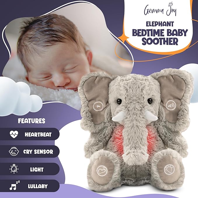 Gemma Joy Bedtime Baby Soothers &amp StickyOnes Sleep Patches - Cry Activated Heartbeat Elephant Plush Toy Stuffed Animal with Calming Light &amp All-Natural No Melatonin Bedtime Patches for Kids