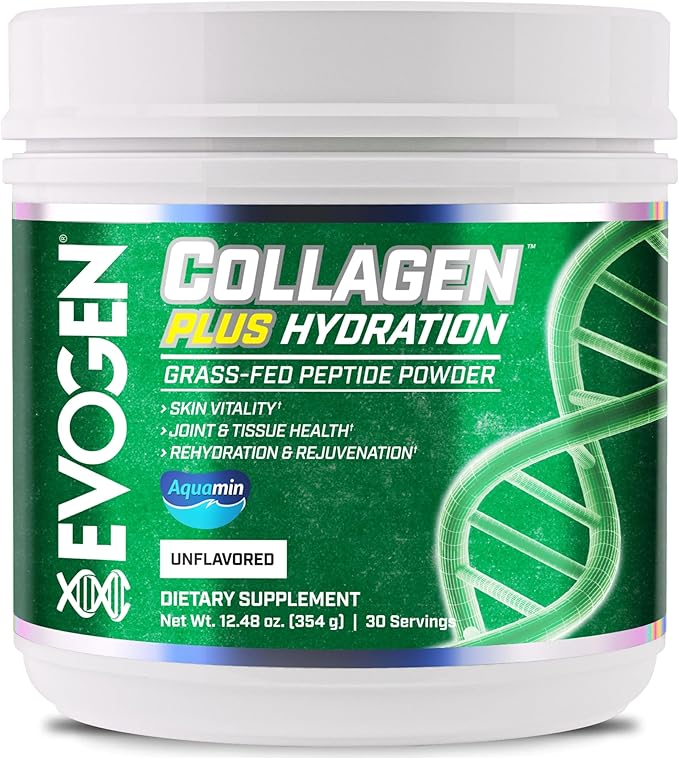 Evogen Collagen Plus Hydration - Grass-Fed Collagen for Women &amp Men | Collagen Peptides Powder | Collagen Powder Supporting Skin Vitality Hydration Joint &amp Tissue Health | Unflavored | 30 Se
