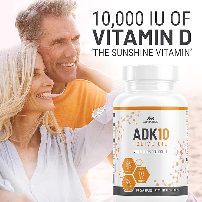 ADK 10 Vitamin Supplement + Olive Oil for Better Absorption - with Vitamins A + D3 (10000 iu) + K2 (MK7+MK4) - 90 Capsules - Vegetarian - Non-GMO