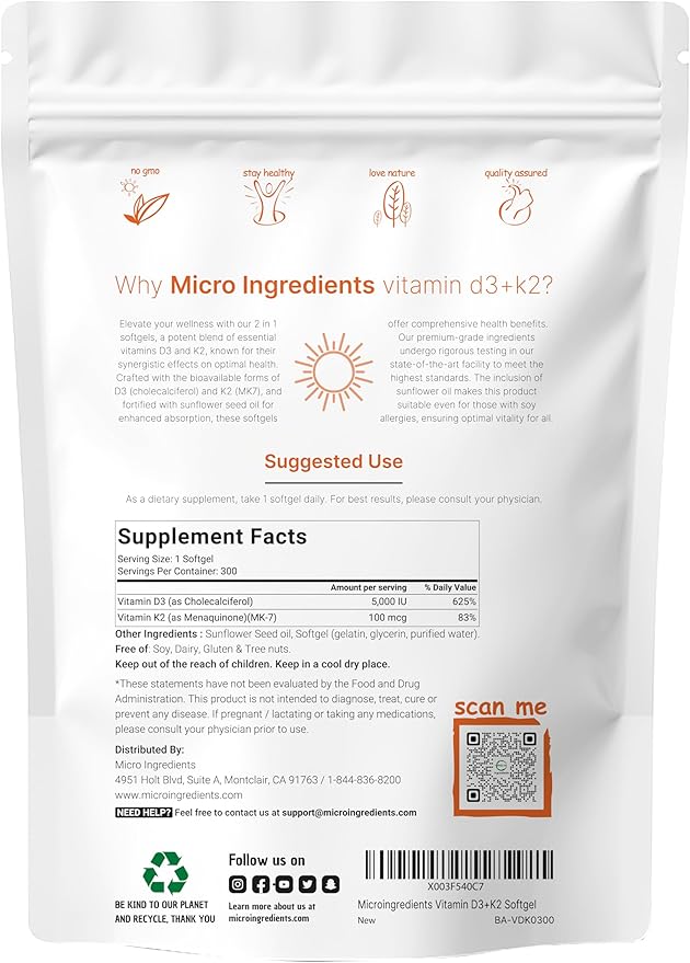 Micro Ingredients Vitamin D3 5000iu + K2 100mcg Softgels &amp Organic Collagen Peptides Powder Bundle 2 Pack | Essential Sunshine Vitamins | Hydrolyzed Type I &amp III Bovine Collagen