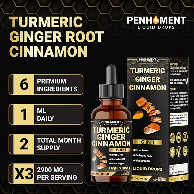 6in1 Liquid Turmeric Curcumin with Ginger Berberine Ceylon Cinnamon Bitter Melon Black Pepper - Drops Extract for Joint Support - 2Packs of 1 Fl Oz