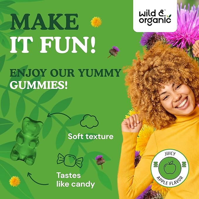Wild &amp Organic Liver Support Gummies - Milk Thistle Dandelion Root Extract for Liver Cleanse Detox - 60 Silymarin Milk Thistle Gummies - Vegan Non-GMO Herbal Supplement.
