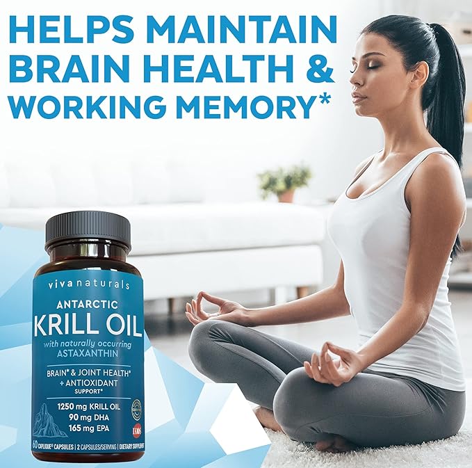 Viva Naturals Antarctic Krill Oil 1250 mg Omega 3 EPA DHA and Astaxanthin Joint Support and Brain Supplement with Antioxidant Properties No Fishy Aftertaste (Pack of 6)