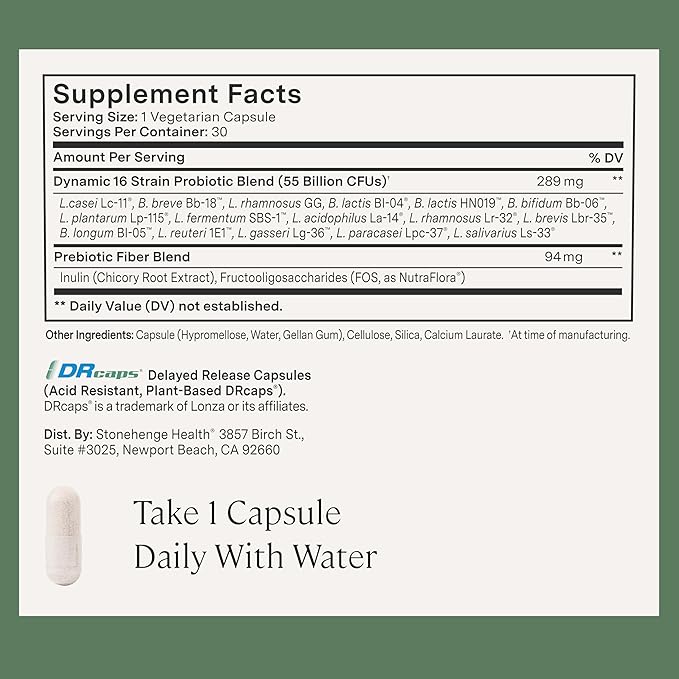 Stonehenge Health Probiotics 55 Billion CFU - 16 Strains Prebiotic Synbiotics Dynamic Biotics - Lactobacillus Acidophilus Delayed Release Shelf Stable Non-GMO Gluten Free Veggie Capsule